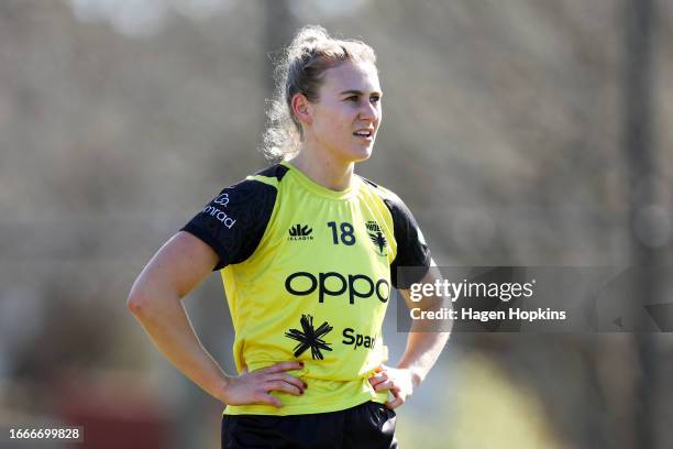 New signing Rebecca Lake looks on during a Wellington Phoenix A-League Women media opportunity at NZCIS on September 08, 2023 in Wellington, New...