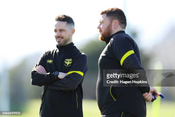 Coach Paul Temple and assistant coach Callum Holmes look on during a Wellington Phoenix A-League Women media opportunity at NZCIS on September 08,...