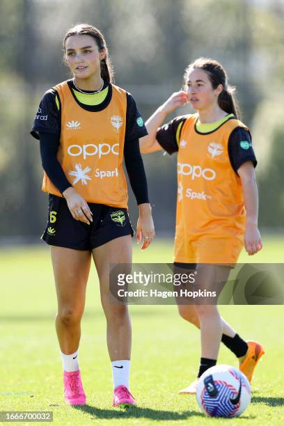 Macey Fraser and Michaela Robertson look on during a Wellington Phoenix A-League Women media opportunity at NZCIS on September 08, 2023 in...