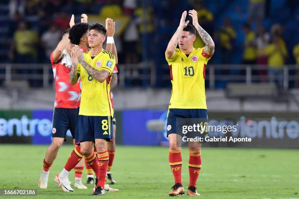 Jorge Carrascal and James Rodriguez of Colombia acknowledge the fans after a FIFA World Cup 2026 Qualifier match between Colombia and Venezuela at...
