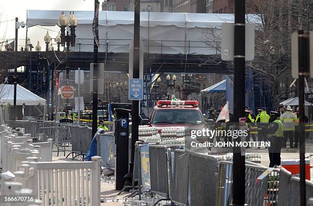 View of the back side of the finish line at the Boston Marathon where several explosions rocked the event sending over 100 people to local hospitals...