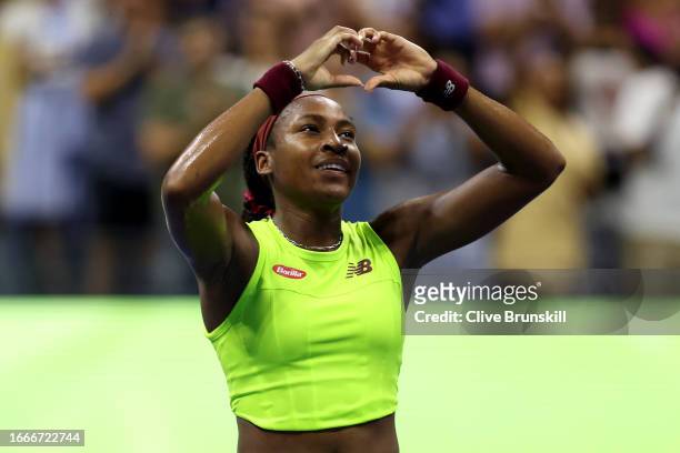 Coco Gauff of the United States celebrates match point against Karolina Muchova of the Czech Republic during their Women's Singles Semifinal match on...