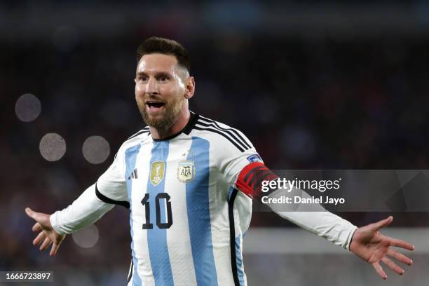 Lionel Messi of Argentina celebrates after scoring the team's first goal during the FIFA World Cup 2026 Qualifier match between Argentina and Ecuador...