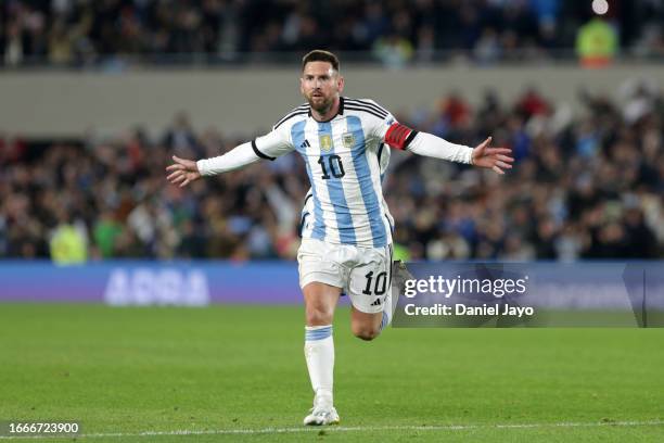 Lionel Messi of Argentina celebrates after scoring the team's first goal during the FIFA World Cup 2026 Qualifier match between Argentina and Ecuador...