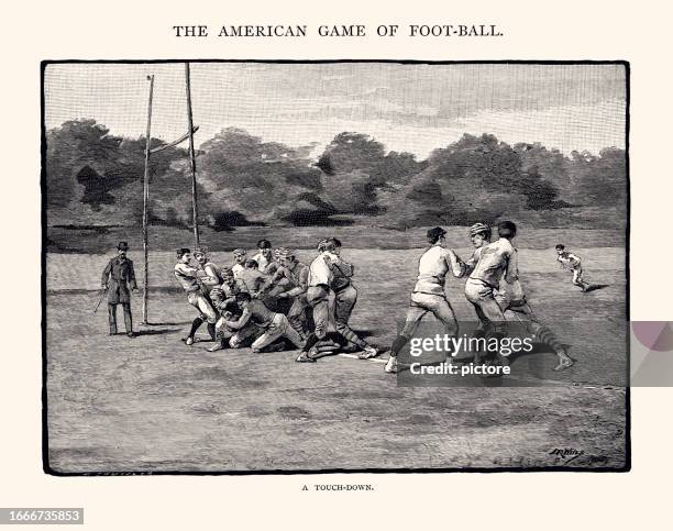 the american game of foot-ball :touch-down (xxxl with many details) - trains moving forward stock illustrations