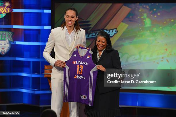 President Laurel Richie poses with Brittney Griner after being drafted number one overall by the Phoenix Mercury during the 2013 WNBA Draft Presented...
