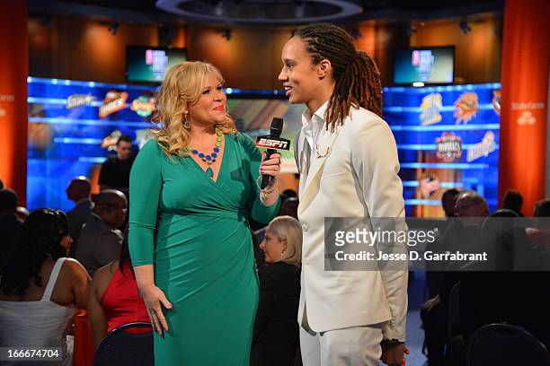 Brittney Griner talks with the media after being drafted number one overall by Phoenix Mercury during the 2013 WNBA Draft Presented By State Farm on...