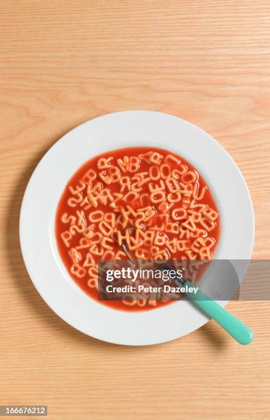 alphabetic spaghetti - soup on spoon stock pictures, royalty-free photos & images