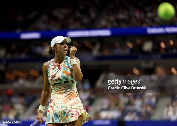Madison Keys of the United States celebrates a point against Aryna Sabalenka of Belarus during their Women's Singles Semifinal match on Day Eleven of...