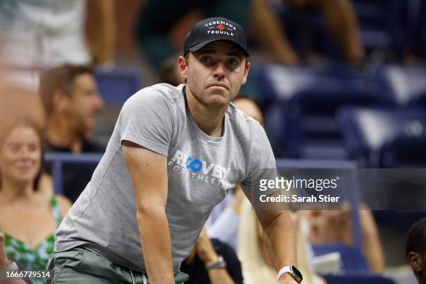 Bjorn Fratangelo, coach and fiance of Madison Keys of the United States, looks on against Aryna Sabalenka of Belarus during their Women's Singles...