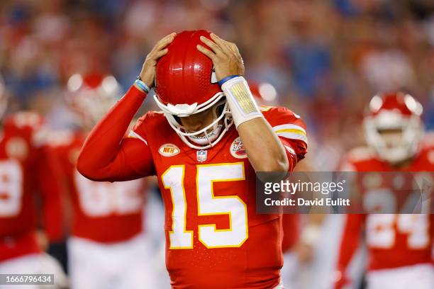 Patrick Mahomes of the Kansas City Chiefs reacts in the final plays of the fourth quarter against the Detroit Lions at GEHA Field at Arrowhead...