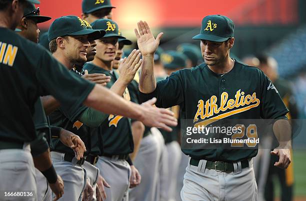 Scott Sizemore of the Oakland Athletics is introduced before the game against the Los Angeles Angels of Anaheim at Angel Stadium of Anaheim on April...