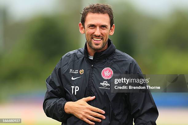 Wanderers coach, Tony Popovic shares a joke with his players during a Western Sydney Wanderers A-League training session at Blacktown International...