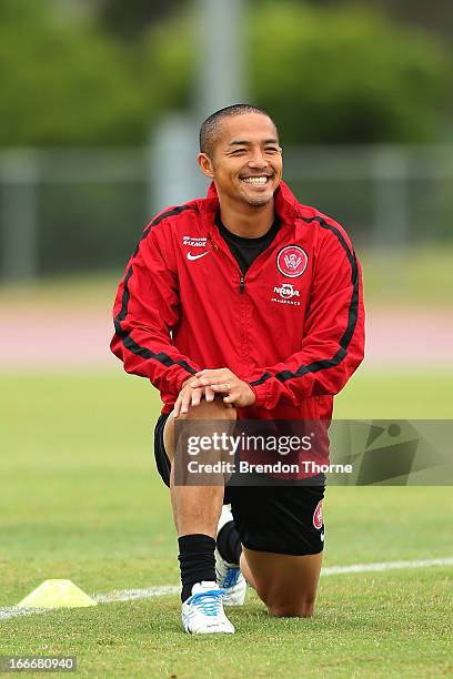 Shinji Ono of the Wanderers shares a joke with team mates during a Western Sydney Wanderers A-League training session at Blacktown International...