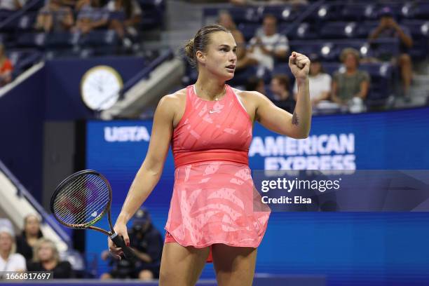 Aryna Sabalenka of Belarus celebrates against Madison Keys of the United States during their Women's Singles Semifinal match on Day Eleven of the...