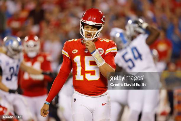 Patrick Mahomes of the Kansas City Chiefs reacts during their game against the Detroit Lions at GEHA Field at Arrowhead Stadium on September 07, 2023...