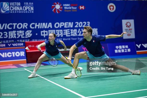 Thom Gicquel and Delphine Delrue of France compete in the Mixed Doubles Quarter Finals match against Yuta Watanabe and Arisa Higashino of Japan on...