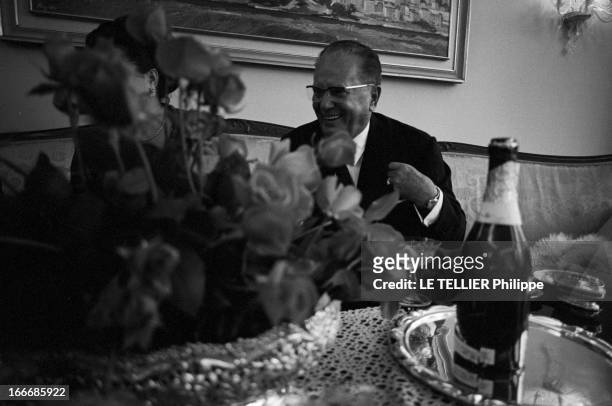 Close-Up Of Tito, Marshal Of Yugoslavia. En Yougoslavie, le 28 octobre 1968, TITO, avec des lunettes, souriant, assis sur un canapé du salon de sa...