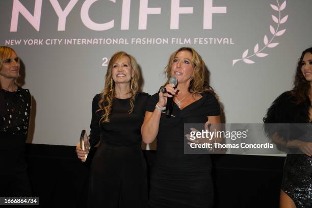 Marc Bouwer, Karen Floyd, and Dr. Christina Rahn during the awards ceremony at the 2023 New York City International Fashion Film Festival Hosted By...