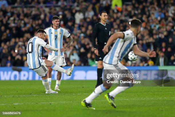 Lionel Messi of Argentina takes a free kick to score the team's first goal during the FIFA World Cup 2026 Qualifier match between Argentina and...