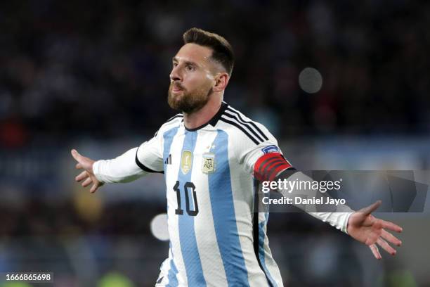 Lionel Messi of Argentina celebrates after scoring the team's first goal during the FIFA World Cup 2026 Qualifier match between Argentina and Ecuador...