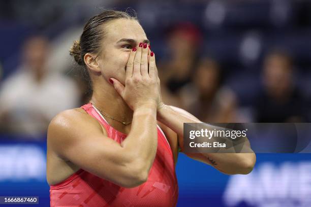 Aryna Sabalenka of Belarus celebrates match point against Madison Keys of the United States during their Women's Singles Semifinal match on Day...