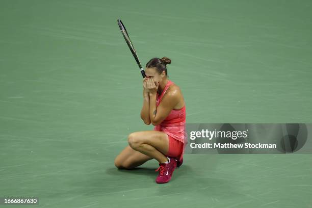 Aryna Sabalenka of Belarus celebrates match point against Madison Keys of the United States during their Women's Singles Semifinal match on Day...