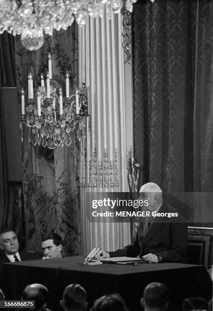 Press Conference Of General Charles De Gaulle At The Elysee In September 1965. France, Paris, 9 septembre 1965, Au palais de l'Élysée, le général...