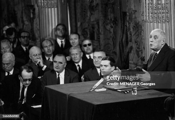 Press Conference Of General Charles De Gaulle At The Elysee In September 1965. France, Paris, 9 septembre 1965, Au palais de l'Élysée, le général...