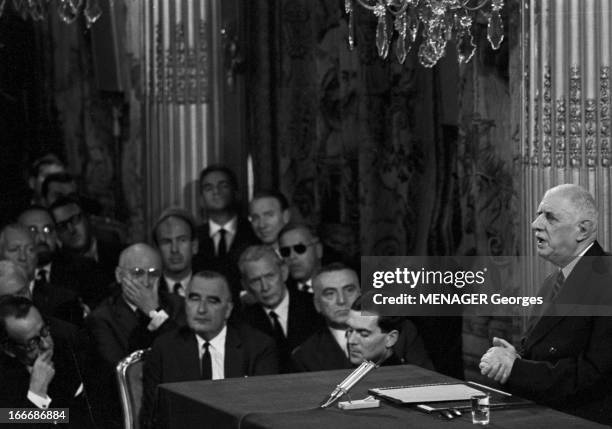 Press Conference Of General Charles De Gaulle At The Elysee In September 1965. France, Paris, 9 septembre 1965, Au palais de l'Élysée, le général...