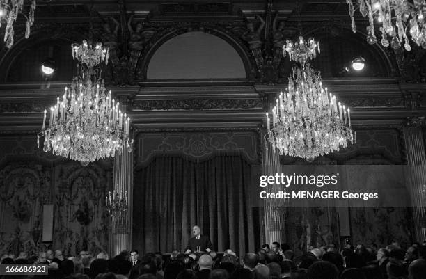 Press Conference Of General Charles De Gaulle At The Elysee In February 1965. France, Paris, 4 février 1965, Au palais de l'Élysée, le général...