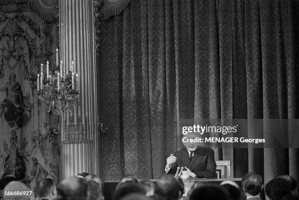 Press Conference Of General Charles De Gaulle At The Elysee In February 1965. France, Paris, 4 février 1965, Au palais de l'Élysée, le général...