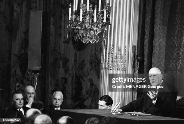 Press Conference Of General Charles De Gaulle At The Elysee In July 1964. France, Paris, 22 juillet 1964, Au palais de l'Élysée, le général Charles...