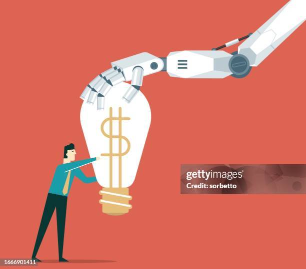 artificially intelligent robot - lightbulb - businessman - value creation stock illustrations