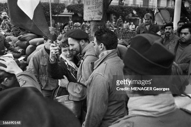 The Barricades. Alger- 31 janvier 1960- Les émeutes d'Alger: suite à l'appel de Pierre Lagaillarde député d'Alger , Joseph Ortiz , patron du bar...