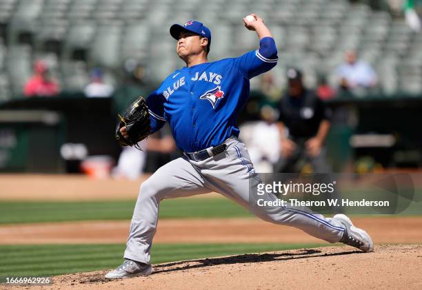 Hyun Jin Ryu of the Toronto Blue Jays pitches against the Oakland Athletics in the bottom of the thir inning at RingCentral Coliseum on September 06,...
