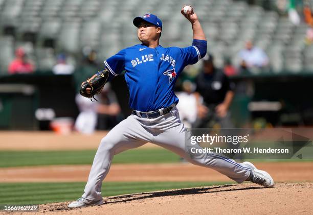 Hyun Jin Ryu of the Toronto Blue Jays pitches against the Oakland Athletics in the bottom of the thir inning at RingCentral Coliseum on September 06,...