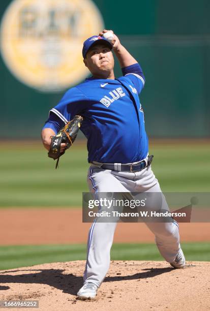 Hyun Jin Ryu of the Toronto Blue Jays pitches against the Oakland Athletics in the bottom of the first inning at RingCentral Coliseum on September...