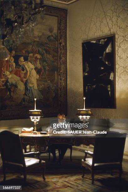 Georges Pompidou At Matignon. Le Premier ministre Georges POMPIDOU travaillant le soir à son bureau, à l'hôtel Matignon, durant les évènements de mai...