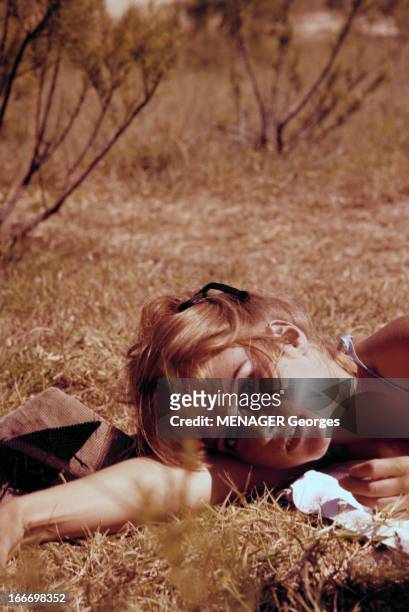Rendezvous With Mijanou Bardot. En juillet 1959, portrait en extérieur de l'actrice Mijanou BARDOT allongée sur l'herbe.