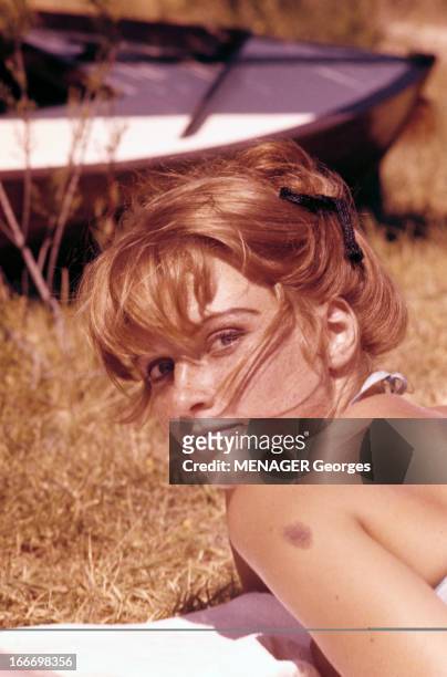 Rendezvous With Mijanou Bardot. En juillet 1959, portrait en extérieur de l'actrice Mijanou BARDOT allongée sur l'herbe, se retournant.