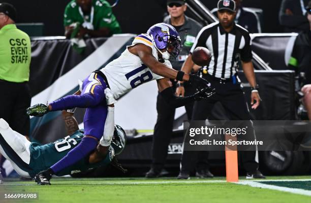 Minnesota Vikings Wide Receiver Justin Jefferson fumbles the ball in the first half during the game between the Minnesota Vikings and Philadelphia...