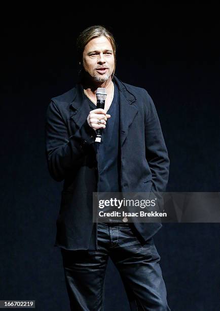 Actor Brad Pitt speaks at a Paramount Pictures presentation to promote his upcoming film, "World War Z" during CinemaCon at The Colosseum at Caesars...