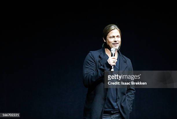 Actor Brad Pitt speaks at a Paramount Pictures presentation to promote his upcoming film, "World War Z" during CinemaCon at The Colosseum at Caesars...