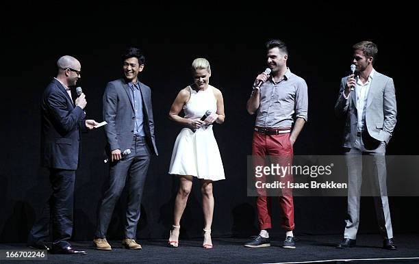 Producer Damon Lindelof speaks with actors John Cho, Alice Eve, Zachary Quinto and Chris Pine at a Paramount Pictures presentation to promote their...