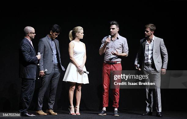 Producer Damon Lindelof speaks with actors John Cho, Alice Eve, Zachary Quinto and Chris Pine at a Paramount Pictures presentation to promote their...