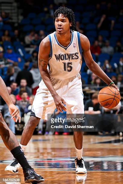 Mickael Gelabale of the Minnesota Timberwolves controls the ball against the Utah Jazz on April 15, 2013 at Target Center in Minneapolis, Minnesota....