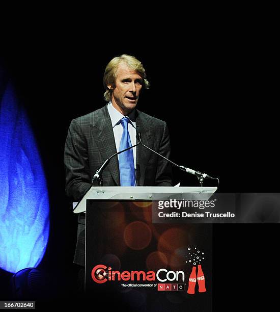 Michael Bay speaks at CinemaCon 2013 Paramount opening night party and presentation at Caesars Palace on April 15, 2013 in Las Vegas, Nevada.