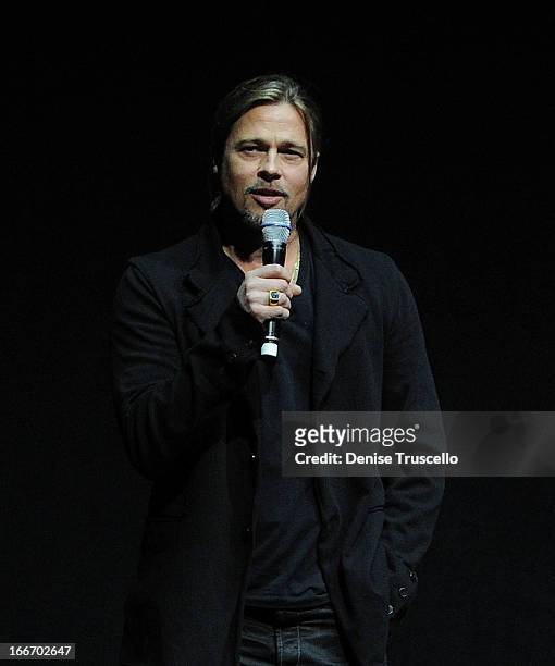 Brad Pitt speaks at CinemaCon 2013 Paramount opening night party and presentation at Caesars Palace on April 15, 2013 in Las Vegas, Nevada.