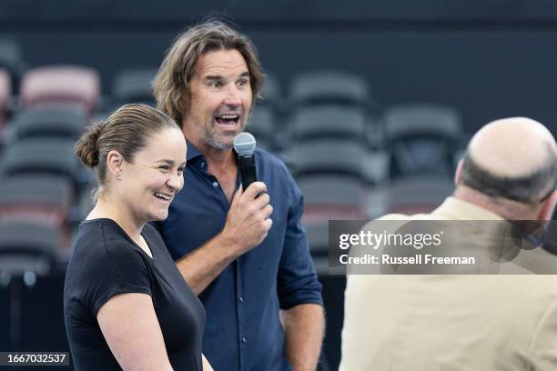 Ash Barty and Patrick Rafter talk to the press during a Tennis Australia media opportunity at Queensland Tennis Centre on September 15, 2023 in...